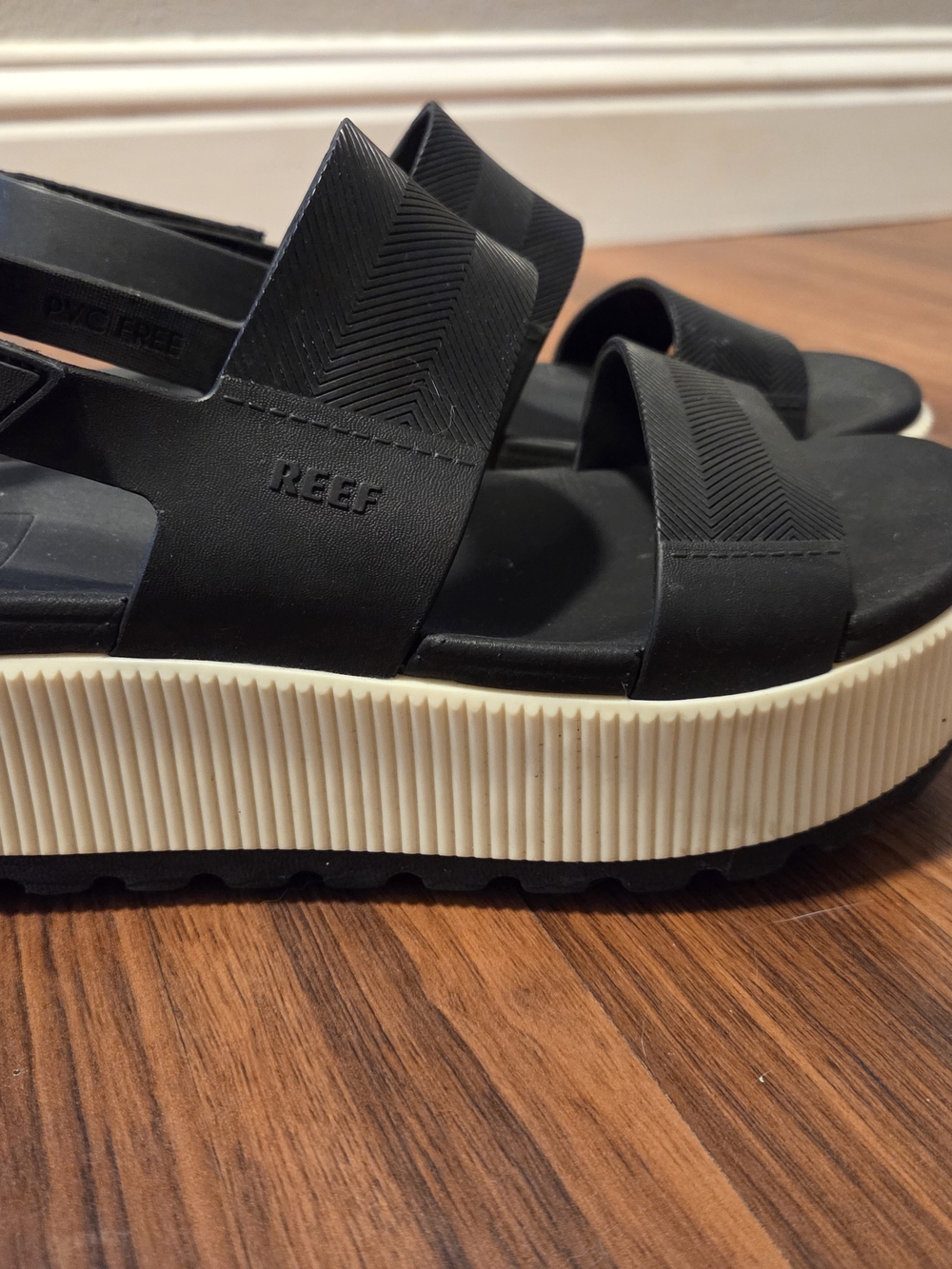 Reef Women's Black Strap Platform Sandal with Cream Ribbed Sole